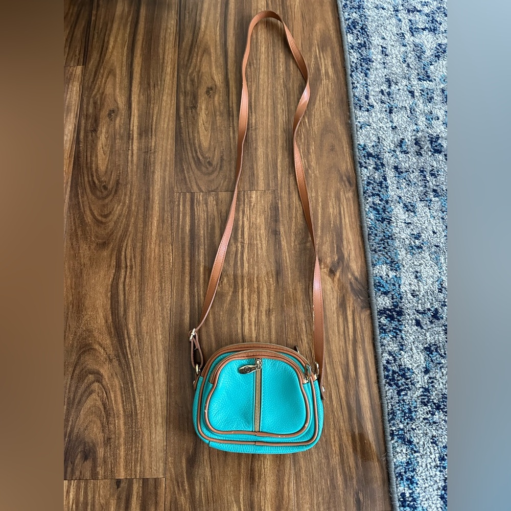 Greenish Turquoise Valentina  Crossbody Bag with Brown Trim